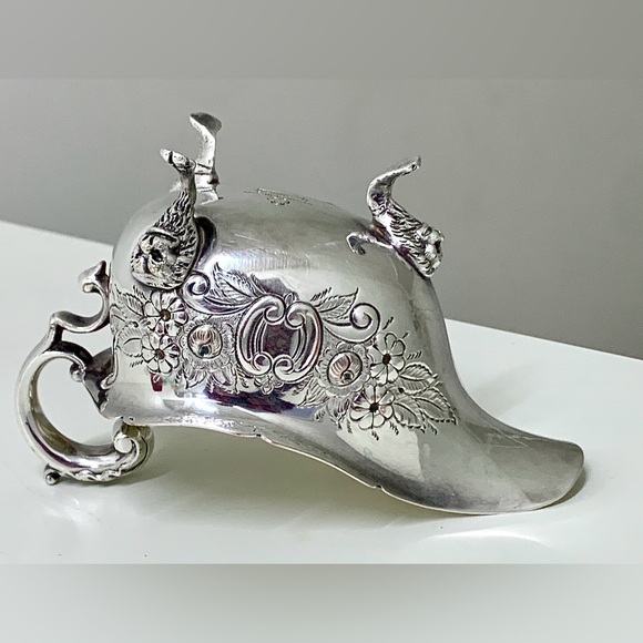 Early 20th Century Vtg Ornate Lion Head Silver Plated Copper Footed Gravy Boat - Picture 4 of 16